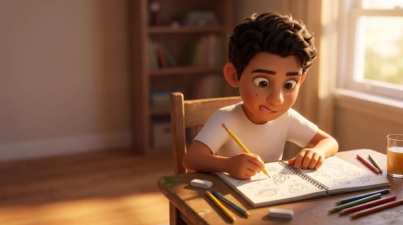 Mateo dibuja cohetes y diseña en su cuaderno