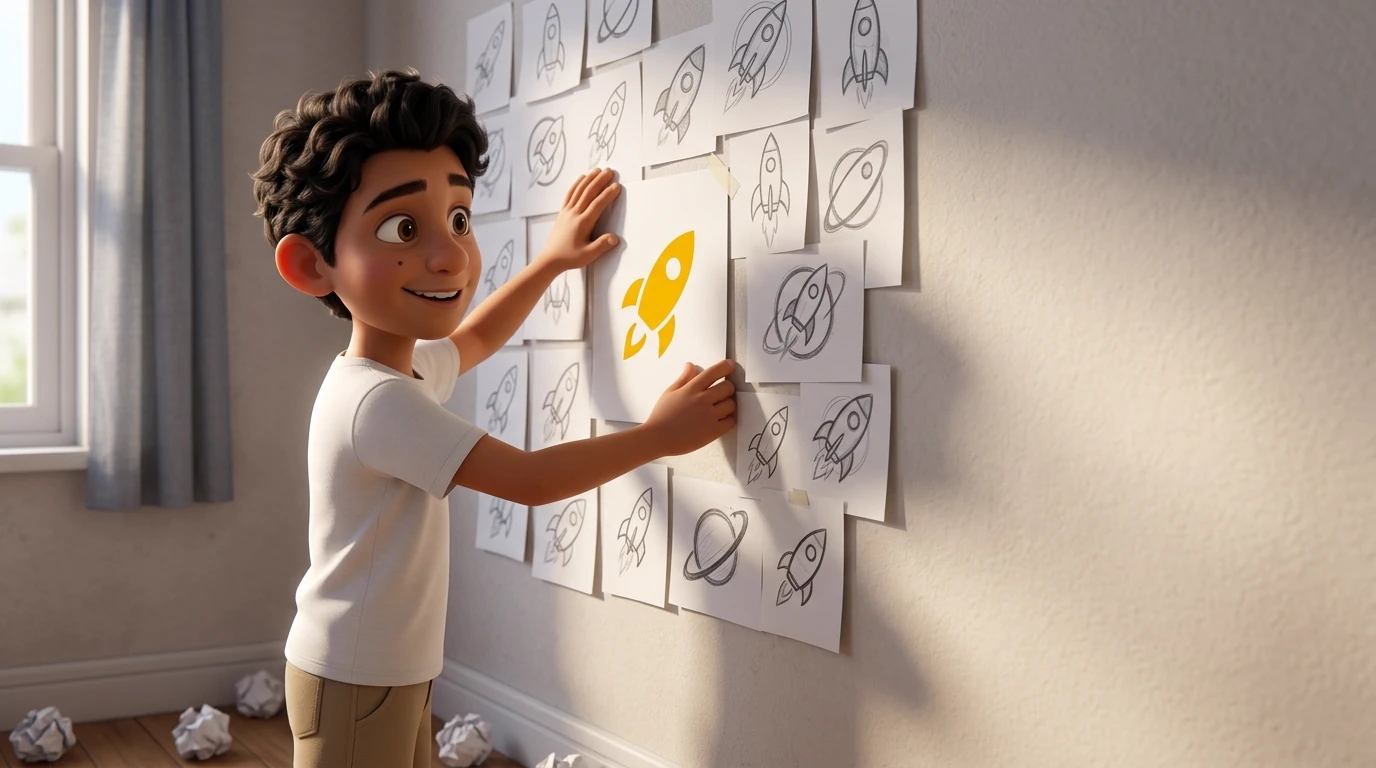 Mateo fija el logo final en el mural de bocetos