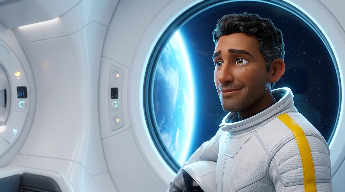 Mateo astronauta contemplando la Tierra desde la nave espacial